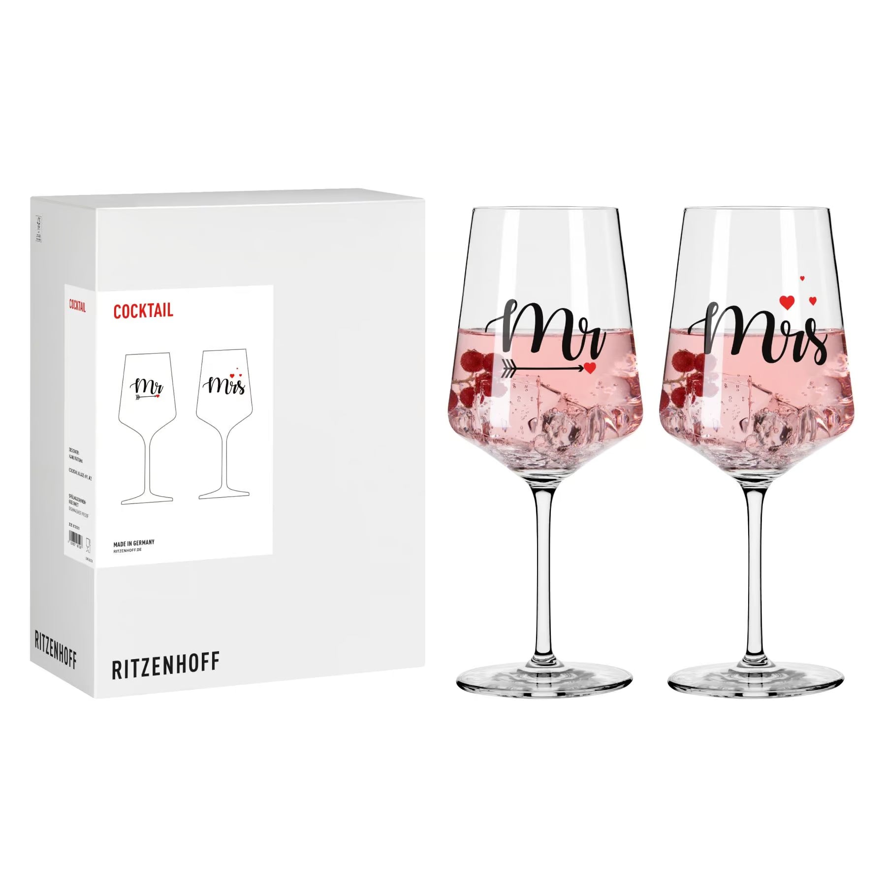 zwei Cocktailgläser eins mit der Schrift Mr und das andere mit der Schrift Mrs sowie der Geschenkkarton