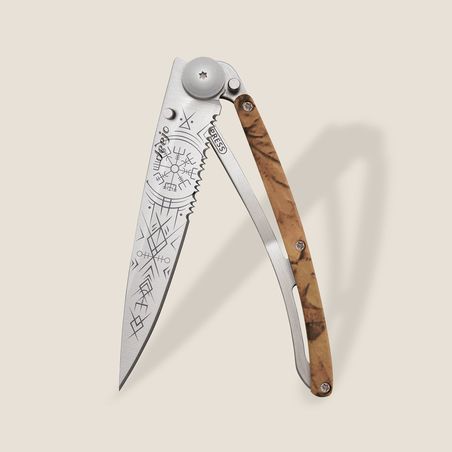 Deejo Taschenmesser 37g, Olivenholz Viking Vegvisir