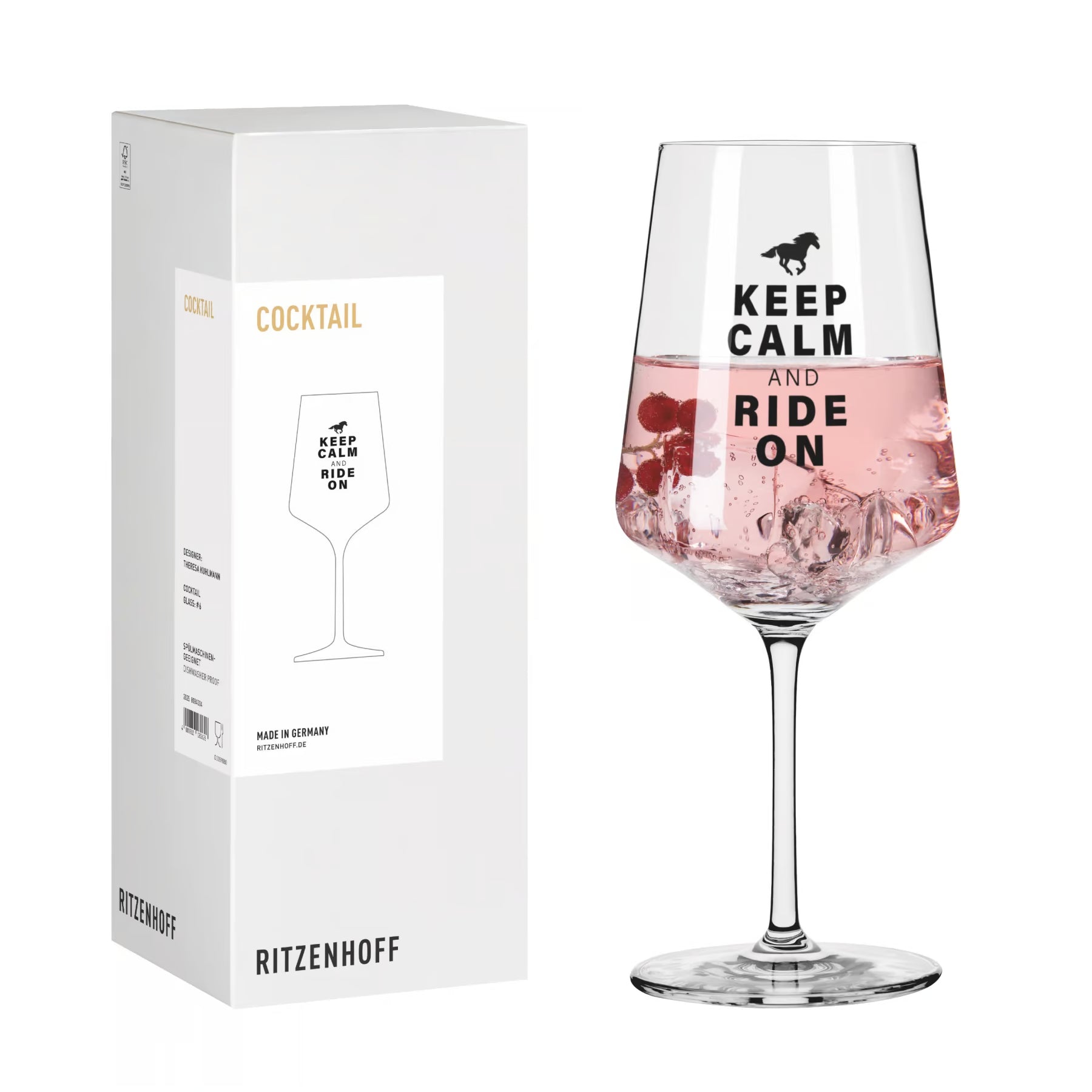 Weinglas mit Keep Calm and Ride on Aufschrift und Geschenkkarton